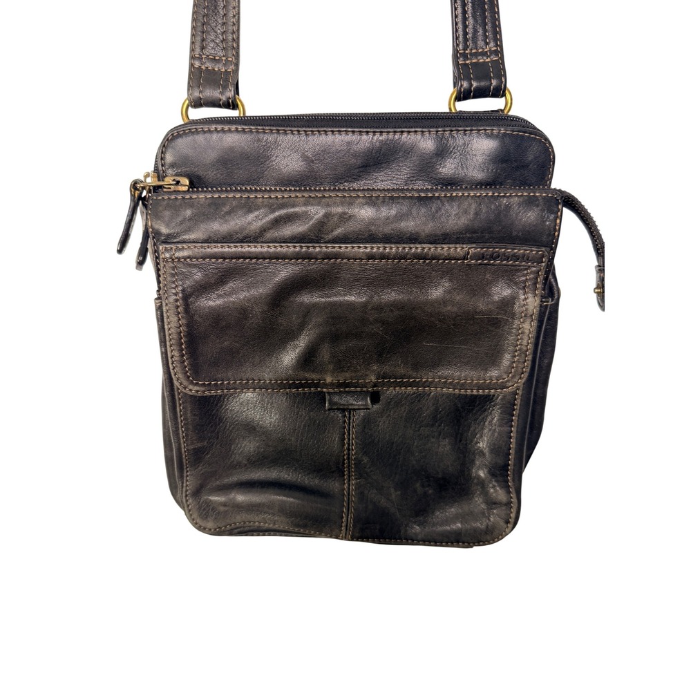 Fossil Black Leather Crossbody Messenger Bag Organizer Distressed Vintage Style